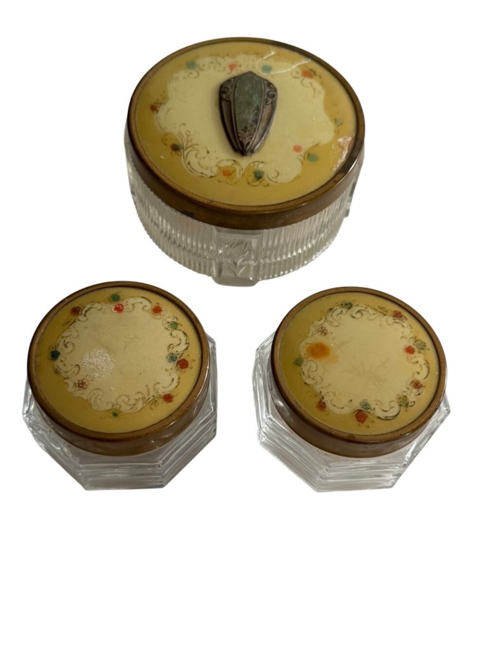 Antique 1930s Art Deco Celluloid Vanity Jar Set Glass Powder Cosmetic Jars 3 Pc